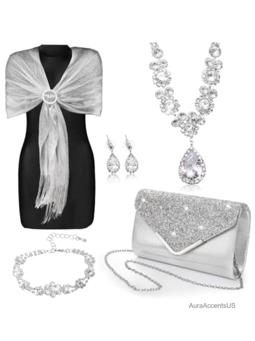 Rhinestone Jewelry Set with Shawl and Evening Bag 5 Piece Formal Party Set